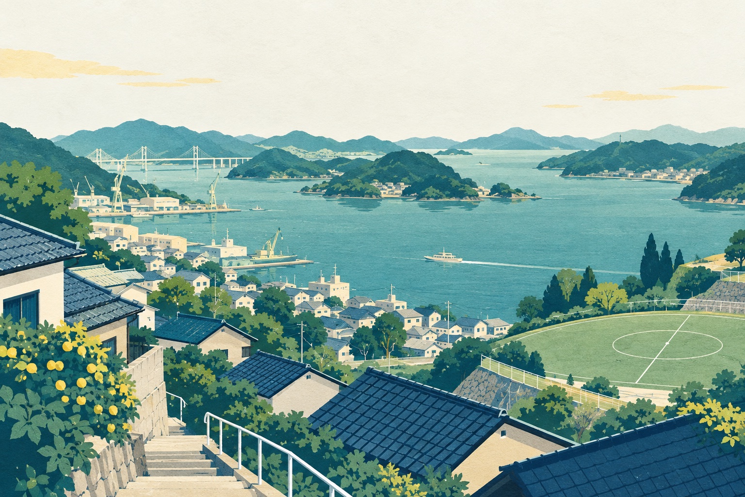尾道を思わせる街並みと海、サッカーのつながりを描いたイラスト