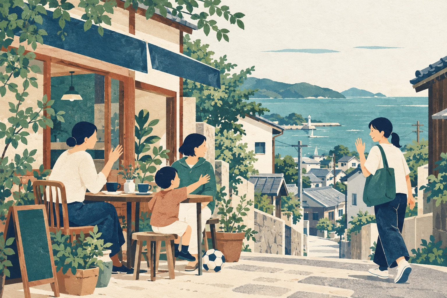 海の見えるまちで人が顔を合わせる日常を描いたイラスト