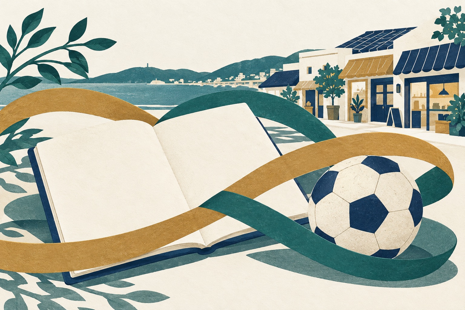 まちの店とサッカーボール、協力のつながりを描いたイラスト