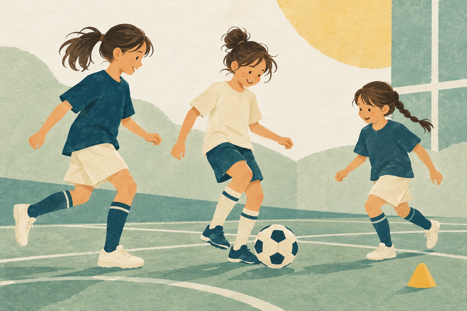 サッカーを楽しむ女の子たちを描いたイラスト