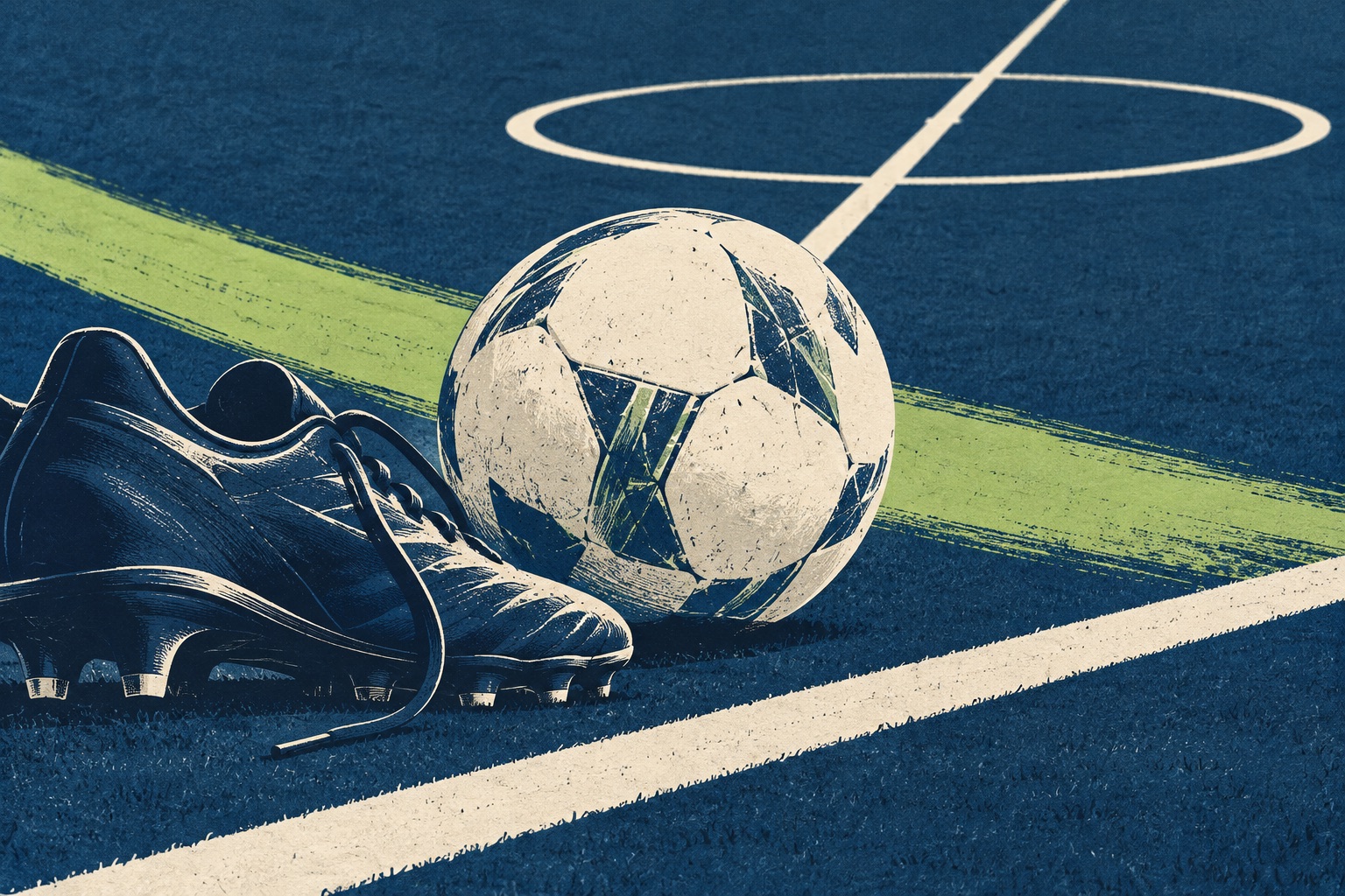 サッカーボールとスパイク、ピッチの線を描いたイラスト