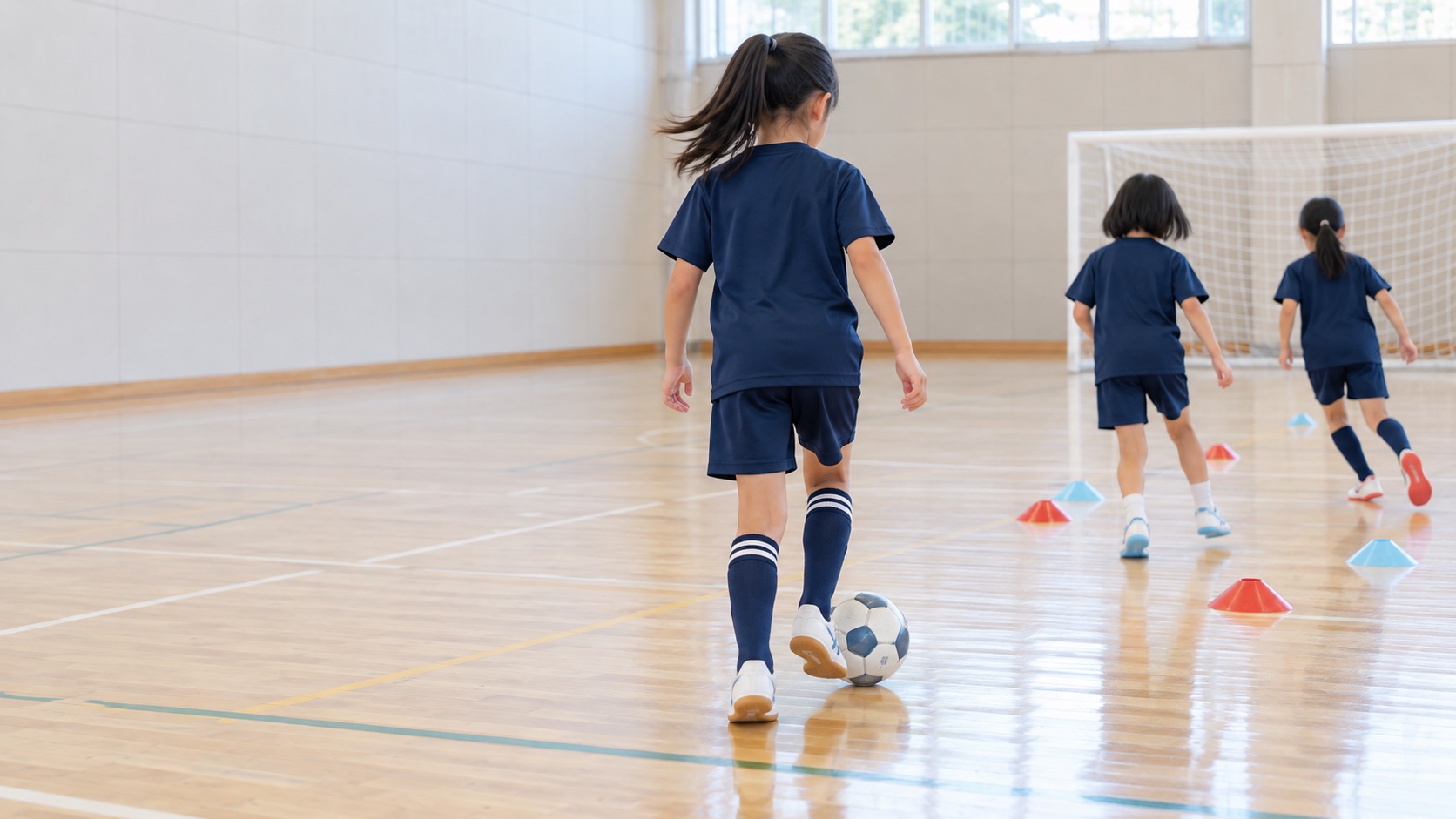 体育館でサッカーを練習する女の子の後ろ姿の活動イメージ（生成画像）