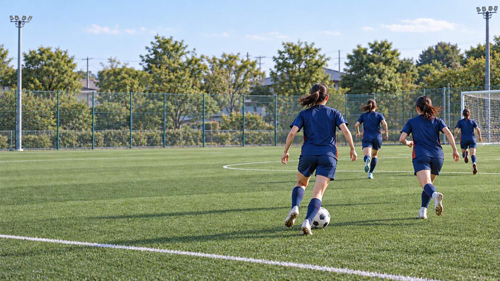 整備された人工芝のピッチで女子選手が後ろ姿で練習する活動イメージ（生成画像）